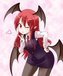 Rule 34 | 1girl, ;o, bat wings, black pantyhose, black skirt, black vest, black wings, blowing kiss, breasts, buttons, hand on own hip, hand up, head wings, heart, koakuma, kousei (public planet), large breasts, leaning forward, long hair, long sleeves, looking at viewer, necktie, one eye closed, pantyhose, pencil skirt, pink background, pointy ears, red eyes, red hair, red necktie, shirt, skirt, skirt set, solo, touhou, vest, white shirt, wings