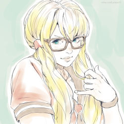 Rule 34 | 1girl, bespectacled, blonde hair, blue eyes, brown-framed eyewear, fingernails, glasses, hair over shoulder, hand in own hair, lips, long hair, looking at viewer, low twintails, official alternate costume, pinky out, rainbow mika, rejean dubois, school uniform, serafuku, solo, street fighter, street fighter v, twintails, upper body