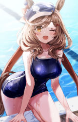 Rule 34 | 1girl, ;d, animal ears, blue hat, breasts, brown hair, collarbone, flat cap, hair ornament, hairclip, hat, highres, horse ears, horse girl, horse tail, large breasts, looking at viewer, matikane tannhauser (umamusume), one-piece swimsuit, one eye closed, open mouth, pool, school swimsuit, short hair, smile, solo, swimsuit, tail, umamusume, water, wet, yellow eyes, yuki (asayuki101)