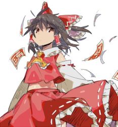 Rule 34 | 1girl, arms behind back, ascot, bare shoulders, black hair, bow, brown eyes, closed mouth, detached sleeves, eyebrows, frilled ascot, frilled skirt, frills, hair bow, hair tubes, hakurei reimu, navel, nontraditional miko, ofuda, orange ascot, red bow, red skirt, ribbon-trimmed clothes, ribbon-trimmed skirt, ribbon-trimmed sleeves, ribbon trim, shirotae moyashi, short hair, simple background, skirt, skirt set, solo, stomach, touhou, white background