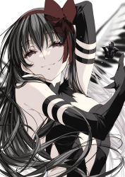 Rule 34 | akemi homura, akuma homura, arm behind head, black gloves, black wings, bow, feathered wings, gloves, hand up, highres, looking at viewer, mahou shoujo madoka magica, mahou shoujo madoka magica: hangyaku no monogatari, misteor, red bow, simple background, smile, solo, tagme, white background, wings