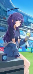 Rule 34 | 1girl, black shirt, blue archive, blue eyes, blue jacket, blush, bottle, drone, from side, gym uniform, halo, highres, holding, holding bottle, id card, jacket, jacket partially removed, lanyard, long hair, looking at viewer, off shoulder, official alternate costume, outdoors, purple hair, shirt, short sleeves, sitting, smile, solo, tai saka, teeth, track jacket, yuuka (blue archive), yuuka (track) (blue archive)