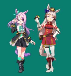 Rule 34 | 2girls, absurdres, animal ears, armband, black coat, black footwear, black skirt, blunt bangs, boots, bow, bowtie, breasts, brown headwear, closed mouth, coat, commentary request, dress, ear bow, full body, gloves, gold ship (umamusume), green background, green socks, grey hair, tucking hair, hand on own hip, hand up, hat, heel up, high heel boots, high heels, highres, horse ears, horse girl, horse tail, long hair, long sleeves, looking to the side, mejiro mcqueen (umamusume), midriff peek, multiple girls, pants, pantyhose, pouch, purple eyes, purple hair, rubik&#039;s cube, shirt, simple background, skirt, sleeveless, sleeveless dress, small breasts, smile, socks, standing, suzuhara kenji, tail, thigh strap, umamusume, v-shaped eyebrows, white gloves, white pants