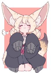 Rule 34 | 1girl, :3, puff of air, absurdres, animal ear fluff, animal ears, black jacket, black skirt, blonde hair, closed eyes, commentary, double bun, facing viewer, fox ears, fox girl, fox tail, full body, hair bun, highres, jacket, large ears, long hair, megateru, open clothes, open jacket, original, oversized clothes, simple background, skirt, sleeves past fingers, sleeves past wrists, smile, solo, tail