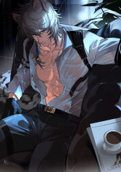 Rule 34 | 1boy, akai 999, animal ear fluff, animal ears, arknights, bare pectorals, belt, black gloves, chain necklace, couch, dark room, feet out of frame, gloves, grey hair, hair between eyes, highres, jewelry, leopard boy, leopard ears, leopard tail, long hair, long sleeves, looking at viewer, male focus, moonlight, necklace, on couch, open clothes, open shirt, pants, pectorals, see-through, shirt, silverash (arknights), sitting, solo, tail, thick eyebrows, toned, toned male, wet, wet clothes, wet shirt, white shirt