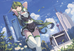 Rule 34 | 1girl, ahoge, arms behind head, arms up, black skirt, blue sky, building, city, cloud, collared shirt, daisy, day, dress, dutch angle, eyebrows, flower, green eyes, green hair, hand in own hair, huanxiang huifeng, long hair, matching hair/eyes, original, outdoors, personification, pleated skirt, shanghai metro, shirt, shoes, skirt, sky, solo, standing, standing on one leg, text focus, thighhighs, tree, very long hair, vest, white flower, white footwear, white shirt, white thighhighs, wind