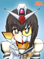 Rule 34 | 10s, 1girl, bad id, bad pixiv id, brown eyes, brown hair, colored sclera, crossover, faceplate, fubuki (kancolle), gradient background, gundam, kantai collection, mayohi neko, rx-78-2, solo, yellow sclera