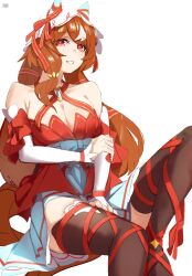 Rule 34 | 1girl, bare shoulders, black thighhighs, breasts, character name, cleavage, commentary request, detached sleeves, dress, grin, halterneck, highres, leg ribbon, long hair, long sleeves, looking at viewer, orange hair, red dress, red eyes, red ribbon, ribbon, sitting, smile, solo, thighhighs, uki kumo, umamusume, very long hair, white headwear