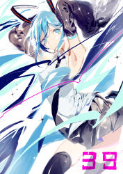 Rule 34 | 1girl, 39, absurdres, armpits, arms behind head, blue eyes, blue hair, detached sleeves, hatsune miku, highres, horikwawataru, looking at viewer, matching hair/eyes, smile, solo, thighhighs, twintails, vocaloid