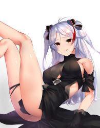 Rule 34 | 1girl, :q, absurdres, alternate costume, antenna hair, arm support, ass, azur lane, black dress, blush, bow, breasts, brown eyes, clothes between thighs, crossed legs, dress, gloves, hair between eyes, hair bow, highres, large breasts, long hair, looking at viewer, molyb, multicolored hair, prinz eugen (azur lane), prinz eugen (cordial cornflower) (azur lane), reclining, red hair, sidelocks, silver hair, smile, solo, streaked hair, thighs, tongue, tongue out, two side up, very long hair