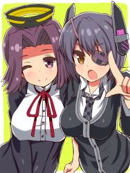 10s 2girls brown_eyes checkered_clothes checkered_necktie checkered_neckwear eyepatch halo headgear index_finger_raised kantai_collection katsuto mechanical_halo multiple_girls necktie one_eye_closed open_mouth pointing purple_eyes purple_hair school_uniform short_hair smile tatsuta_(kancolle) tenryuu_(kancolle)