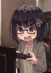 Rule 34 | 1girl, anger vein, black-framed eyewear, black hair, blush, bob cut, chair, commentary request, controller, dress, game controller, glasses, grey jacket, highres, holding, indoors, jacket, mimikaki (men bow), monitor, nintendo switch pro controller, office chair, on chair, open clothes, open jacket, open mouth, original, playing games, semi-rimless eyewear, short hair, sitting, solo, swivel chair, thick eyebrows, under-rim eyewear, upper body, v-shaped eyebrows, wavy mouth, white dress