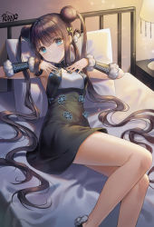 Rule 34 | 1girl, arm warmers, armpits, artist name, bare legs, bed, black dress, black hair, blue eyes, breasts, double bun, dress, fate/grand order, fate (series), hair bun, lampshade, long hair, looking at viewer, medium breasts, on bed, pillow, reclining, roang, sleeveless, sleeveless dress, solo, thighs, twintails, very long hair, yang guifei (fate), yang guifei (first ascension) (fate)