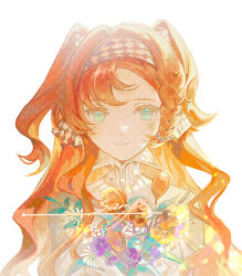 Rule 34 | 1girl, asymmetrical bangs, bouquet, braided sidelock, checkered hairband, flower, green eyes, high collar, highres, komeokun, long hair, looking at viewer, orange flower, orange hair, purple flower, reverse:1999, sample watermark, shirt, smile, solo, sonetto (reverse:1999), two side up, upper body, watermark, white background, white shirt, yellow flower