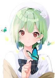 Rule 34 | 00saeki, 1girl, bad id, bad pixiv id, blue bow, blue bowtie, blue butterfly, blue hair, bow, bowtie, bug, butterfly, butterfly on hand, collared shirt, commentary request, earrings, green hair, highres, hololive, insect, jewelry, looking at viewer, multicolored hair, off shoulder, parted lips, plaid, plaid bow, plaid bowtie, red eyes, shirt, short hair, simple background, solo, streaked hair, uruha rushia, uruha rushia (school uniform), virtual youtuber, white background, white headwear, white shirt