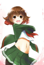 Rule 34 | 1girl, black neckerchief, brown hair, commentary request, cowboy shot, gradient hair, green jacket, green skirt, highres, jacket, kantai collection, looking up, midriff, multicolored hair, mutsuki (kancolle), navel, neckerchief, pleated skirt, red hair, shirt, short hair, simple background, skirt, solo, taisinkoku, white background, white shirt