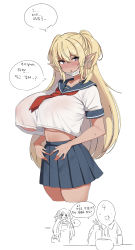 Rule 34 | 1boy, 2girls, absurdres, apron, blonde hair, blue sailor collar, blue skirt, blush, breasts, crop top, crop top overhang, dark-skinned female, dark elven forest ranger, dark skin, dickbomber, eating, faceless, faceless male, hair between eyes, highres, huge breasts, korean commentary, korean text, last origin, long hair, looking at viewer, mask, mask pull, mouth mask, multiple girls, neckerchief, parted lips, pleated skirt, pointy ears, ponytail, purple eyes, red neckerchief, sailor collar, school uniform, see-through, serafuku, simple background, skirt, sweat, translation request, two side up, underboob, white background