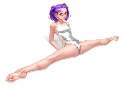 Rule 34 | 1girl, absurdres, barefoot, breasts, brown eyes, cameltoe, cleft of venus, feet, full body, glasses, highres, kairunoburogu, lips, looking at viewer, nose, one-piece swimsuit, original, purple hair, short twintails, small breasts, soles, solo, split, spread legs, swimsuit, toes, twintails, white background