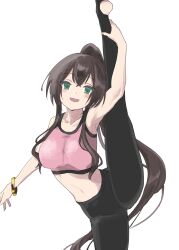 Rule 34 | 1girl, absurdres, arm up, assault lily, bare arms, bare shoulders, black pantyhose, blush, bracelet, breasts, brown hair, collarbone, commentary request, cowboy shot, crossed bangs, fingernails, green eyes, hand on own leg, high ponytail, highres, jewelry, leg up, long hair, looking at viewer, medium breasts, midriff, no shoes, official alternate costume, open mouth, pants, pantyhose, pink sports bra, ponytail, serizawa chikaru, sidelocks, simple background, smile, solo, split, sports bra, standing, standing on one leg, standing split, stirrup legwear, stomach, su (sconbuoishi), toeless legwear, very long hair, white background, yoga pants