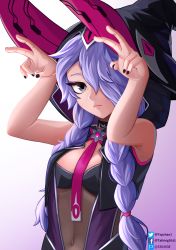 Rule 34 | 1girl, absurdres, armpits, arms up, black choker, black nails, black vest, braid, choker, era (omega strikers), facebook username, fingernails, hands up, hat, highres, long eyelashes, looking at viewer, midriff peek, nail polish, necktie, omega strikers, pixiv id, purple hair, solo, tagme, tsp, twin braids, twitter username, vest, witch, witch hat, zipper