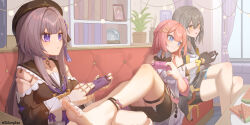 Rule 34 | 3girls, absurdres, ankle strap, asta (honkai: star rail), barefoot, black dress, black gloves, black jacket, black shorts, blush, bookshelf, breasts, closed mouth, controller, couch, crossed legs, crystal ball, curtains, doll joints, dress, eyebrows hidden by hair, feet, food, frown, fruit, game controller, gloves, grey hair, hair between eyes, hair ornament, hat, head on another&#039;s shoulder, herta (honkai: star rail), highres, holding, holding controller, holding game controller, honkai: star rail, honkai (series), incredibly absurdres, jacket, joints, legs, legs on another&#039;s lap, long bangs, long hair, multiple girls, nail polish, on couch, open mouth, orange hair, plant, portrait, potted plant, purple eyes, shirt, shorts, signature, sitting, small breasts, smile, soles, songzzz, stelle (honkai: star rail), toenail polish, toenails, toes, trailblazer (honkai: star rail), watermelon, watermelon slice, white dress, white hat, white shirt, window shadow