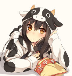 Rule 34 | 10s, 1girl, :t, akagi (kancolle), alternate costume, animal costume, black hair, brown eyes, chips (food), cow costume, eating, food, food on face, highres, kantai collection, long hair, looking at viewer, lying, md5 mismatch, on stomach, potato chips, resolution mismatch, shuuichi, simple background, solo, source smaller, white background