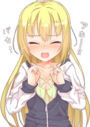 Rule 34 | 1girl, absurdres, angry, arihara nanami, black jacket, blonde hair, blush, breasts, cleavage, clenched hands, closed eyes, collarbone, commentary request, eyelashes, facing viewer, green shirt, hair between eyes, hands up, highres, jacket, large breasts, long hair, multicolored clothes, multicolored jacket, nose blush, official alternate costume, official alternate hairstyle, open mouth, pom pom (clothes), ponytail, riddle joker, round teeth, sad, segaxtu, shirt, shouting, simple background, solo, straight-on, straight hair, tears, teeth, translated, two-tone jacket, upper body, upper teeth only, very long hair, white background, white sleeves, zipper, zipper pull tab