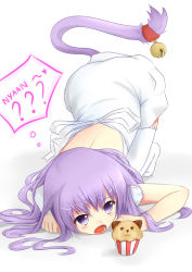 Rule 34 | 1girl, animal ears, bell, cat ears, cat tail, fang, food, jingle bell, long hair, muffin, open mouth, original, purple eyes, purple hair, solo, tail, tail bell, tail ornament, thighhighs