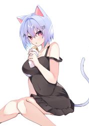 Rule 34 | 1girl, absurdres, animal ears, bare shoulders, black dress, blush, breasts, cat ears, cat girl, cat tail, cleavage, closed mouth, commentary request, covered navel, dress, feet out of frame, food, grey hair, hair between eyes, hair ornament, hakase fuyuki, hand up, highres, holding, holding food, kemonomimi mode, knees together feet apart, leaning forward, medium breasts, nijisanji, red eyes, simple background, sitting, sleeveless, sleeveless dress, solo, tail, taiyaki, virtual youtuber, wagashi, white background, yayoi asuka
