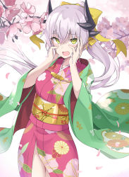 Rule 34 | 100, 100percent park, 1girl, absurdres, blush, bow, branch, breasts, cherry blossoms, dragon girl, dragon horns, fate/grand order, fate (series), floral print, flower, green kimono, hair bow, hair ornament, highres, horns, japanese clothes, kimono, kiyohime (fate), layered clothes, layered kimono, long hair, long sleeves, looking at viewer, medium breasts, multiple horns, obi, open mouth, pink kimono, ponytail, sash, smile, white hair, wide sleeves, yellow bow, yellow eyes