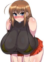 Rule 34 | 1girl, ahoge, bare shoulders, bikini, bikini top only, blue eyes, blush, breasts, brown hair, cleavage, covered erect nipples, curvy, gigantic breasts, hands on own knees, hanging breasts, komusou (jinrikisha), leaning forward, long hair, looking at viewer, ooba minori, original, sagging breasts, see-through, simple background, skirt, smile, solo, swimsuit, thick thighs, thighs, white background, wide hips, yellow bikini