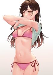 Rule 34 | 1girl, arms up, bikini, blush, breasts, brown eyes, brown hair, cleavage, clothes lift, commentary request, covered mouth, halterneck, highres, hizuki higure, kanojo okarishimasu, lifting own clothes, long hair, medium breasts, mizuhara chizuru, navel, pink bikini, shirt, shirt lift, short sleeves, side-tie bikini bottom, simple background, smile, solo, stomach, string bikini, swept bangs, swimsuit, t-shirt, white background