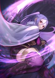 Rule 34 | 1girl, armor, black gloves, black shorts, boots, braid, breastplate, cape, floating hair, gloves, gomashiwo o, hair between eyes, highres, holding, holding weapon, long hair, mito (sao), ponytail, purple footwear, purple hair, short shorts, shorts, solo, sword art online, sword art online progressive, thigh boots, thighhighs, very long hair, weapon, white cape, zettai ryouiki