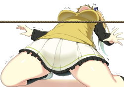 Rule 34 | 10s, 1girl, blonde hair, breasts, frilled skirt, frills, hair ribbon, kawakami mai, kneehighs, kneeling, leaning back, limbo, long hair, long sleeves, motion lines, musaigen no phantom world, outstretched arms, pleated skirt, pole, ribbon, school uniform, shoes, side ponytail, simple background, skirt, sky-freedom, sneakers, socks, solo, trembling, very long hair, white background, white footwear, white skirt