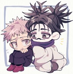 Rule 34 | artist name, black hair, black jacket, blue border, border, brown eyes, brown footwear, chibi, chibi only, choso (jujutsu kaisen), closed mouth, double bun, facial tattoo, full body, hair bun, hood, hoodie, itadori yuuji, jacket, jujutsu kaisen, jujutsu tech uniform, leaning on person, light frown, male focus, outside border, pale skin, pink hair, pout, purple vest, red footwear, red hoodie, robe, scar, scar on face, shoes, signature, sitting, tattoo, ttnoooo, vest, white background, white robe
