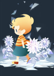 Rule 34 | 1boy, blonde hair, blue shorts, blush, closed mouth, crystal flower, from side, full body, hitofutarai, looking ahead, lucas (mother 3), male focus, mother (game), mother 3, nintendo, red footwear, shirt, short sleeves, shorts, socks, solid oval eyes, solo, striped clothes, striped shirt, white socks