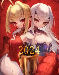 Rule 34 | 2024, 2girls, ahoge, ascot, bare shoulders, blonde hair, blue dress, braid, breasts, chalice, cup, dragon tail, dress, elbow gloves, facial mark, fate/grand order, fate (series), forked eyebrows, french braid, gloves, hair bun, hair intakes, hair ribbon, happy new year, long hair, long sleeves, looking at viewer, m0 chi, melusine (fate), melusine (second ascension) (fate), multiple girls, nero claudius (fate), nero claudius (fate) (all), new year, pointy ears, queen draco (fate), queen draco (first ascension) (fate), red dress, red eyes, red ribbon, ribbon, sidelocks, single glove, small breasts, tail, white gloves, white hair, yellow eyes