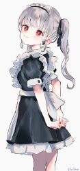 Rule 34 | 1girl, apron, arms behind back, black dress, black nails, blush, closed mouth, commentary request, dress, frilled apron, frilled dress, frills, grey background, grey hair, highres, long hair, maid, maid headdress, nail polish, original, puffy short sleeves, puffy sleeves, red eyes, sha2mo, short sleeves, side ponytail, signature, simple background, smile, solo, white apron