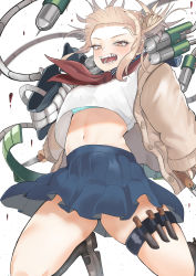Rule 34 | 1girl, bags under eyes, black socks, blonde hair, blood, blue sailor collar, blue skirt, blunt bangs, boku no hero academia, bra, bra peek, brown footwear, canister, cardigan, double bun, fangs, hair bun, hair up, highres, hose, kneehighs, knife, loafers, messy hair, midriff, narrowed eyes, navel, neckerchief, open cardigan, open clothes, open mouth, pleated skirt, pouch, red neckerchief, sailor collar, school uniform, serafuku, shoes, sidelocks, simple background, skirt, slit pupils, socks, solo, syringe, tank (container), teeth, thigh pouch, thigh strap, thighs, toga himiko, underwear, white background, yellow cardigan, yellow eyes, zd (pixiv6210083)