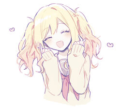 Rule 34 | 1girl, blonde hair, cardigan, closed eyes, closed mouth, commentary, finger heart, gradient hair, heart, long hair, long sleeves, miyamasuzaka girls&#039; academy school uniform, multicolored hair, neck ribbon, open mouth, pink hair, project sekai, qi7pi, red ribbon, ribbon, sailor collar, school uniform, solo, symbol-only commentary, tenma saki, twintails, upper body, white background, yellow cardigan