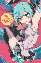 Rule 34 | 1g no izumi, 1girl, aqua eyes, aqua hair, aqua nails, arm up, armpits, bloom into me15, boots, hatsune miku, headgear, highres, long hair, looking at viewer, nail, nail polish, necktie, open mouth, pink background, simple background, skirt, sleeveless, solo, speech bubble, spoken lightning bolt, sweat, thigh boots, tongue, tongue out, twintails, very long hair, vocaloid