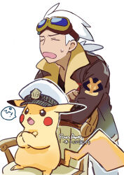 Rule 34 | 1boy, black shirt, brown jacket, captain pikachu, chair, closed eyes, clothed pokemon, commentary request, creatures (company), friede (pokemon), game freak, gen 1 pokemon, goggles, goggles on head, grey pants, jacket, male focus, nao (naaa 195), nintendo, open mouth, pants, pikachu, pokemon, pokemon (anime), pokemon (creature), pokemon horizons, shirt, speech bubble, sweatdrop, white background, white hair