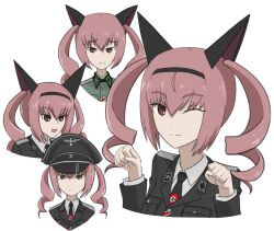 Rule 34 | 1girl, :d, alternate costume, animal ears, braid, brown eyes, curly hair, fake animal ears, faris nyannyan, hat, military hat, military uniform, nullpo, one eye closed, open mouth, pink hair, smile, ss insignia, swastika, twin braids, uniform