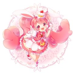 Rule 34 | 10s, 1girl, :d, animal ears, choker, cure whip, dated, earrings, extra ears, food, food-themed hair ornament, fruit, gloves, hair ornament, highres, jewelry, kirakira precure a la mode, long hair, looking at viewer, magical girl, open mouth, pink eyes, pink hair, pom pom (clothes), pom pom earrings, precure, rabbit ears, shimogu, signature, smile, solo, strawberry, twintails, usami ichika, very long hair, white gloves
