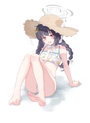 Rule 34 | 1girl, absurdres, barefoot, black hair, blue archive, blush, braid, feet, hat, highres, hishiki (pixi14719710), long hair, looking at viewer, miyu (blue archive), miyu (swimsuit) (blue archive), open mouth, red eyes, soles, straw hat, swimsuit, toes, twin braids