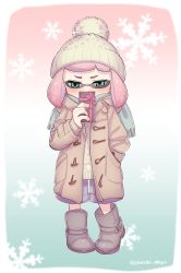 Rule 34 | 1girl, alternate hair length, alternate hairstyle, black footwear, blue shorts, bobblehat, boots, brown coat, casual, coat, commentary, duffel coat, full body, gift, gradient background, green eyes, green scarf, hand in pocket, hat, highres, holding, holding gift, inkling, inkling girl, inkling player character, long sleeves, looking down, multicolored background, nintendo, pink hair, puchiman, scarf, short hair, shorts, snowflake background, solo, splatoon (series), splatoon 1, standing, sweater, tentacle hair, twitter username, white sweater, winter clothes