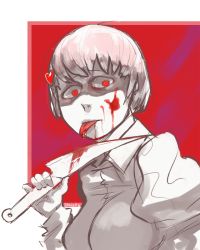 Rule 34 | 10s, 1girl, alternate hairstyle, blood, breasts, crazy eyes, female focus, katawa shoujo, knife, licking, mikado shiina, partially colored, pink hair, short hair, solo, yandere
