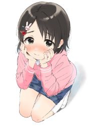 Rule 34 | 1girl, black hair, blush, from above, full-face blush, hair ornament, hands on own cheeks, hands on own face, highres, idolmaster, idolmaster cinderella girls, looking at viewer, nanagaedemo, pink shirt, rabbit hair ornament, sasaki chie, shirt, simple background, socks, solo, squatting, white background, white socks