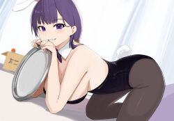 Rule 34 | 1girl, all fours, animal ears, bare shoulders, black leotard, black pantyhose, blunt bangs, bow, bowtie, breasts, collar, commentary, detached collar, english commentary, fake animal ears, fake tail, highres, holding, holding tray, hololive, hololive english, koupi (ku roiko), ku roiko, large breasts, leotard, long hair, looking at viewer, low ponytail, pantyhose, personification, playboy bunny, purple eyes, purple hair, rabbit ears, rabbit tail, solo, strapless, strapless leotard, tail, takodachi (ninomae ina&#039;nis), tray, virtual youtuber, white collar