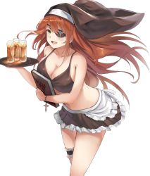 Rule 34 | 1girl, apron, bare arms, bare shoulders, bikini, blush, book, bracelet, breasts, brown bikini, brown hair, brown headwear, brown skirt, cleavage, collarbone, cross, drink, eyepatch, green eyes, highres, holding, holding book, jewelry, large breasts, liaowen, long hair, looking at viewer, midriff, navel, nun, one eye covered, open mouth, original, simple background, skirt, smile, solo, swimsuit, thigh strap, tray, veil, white apron, white background